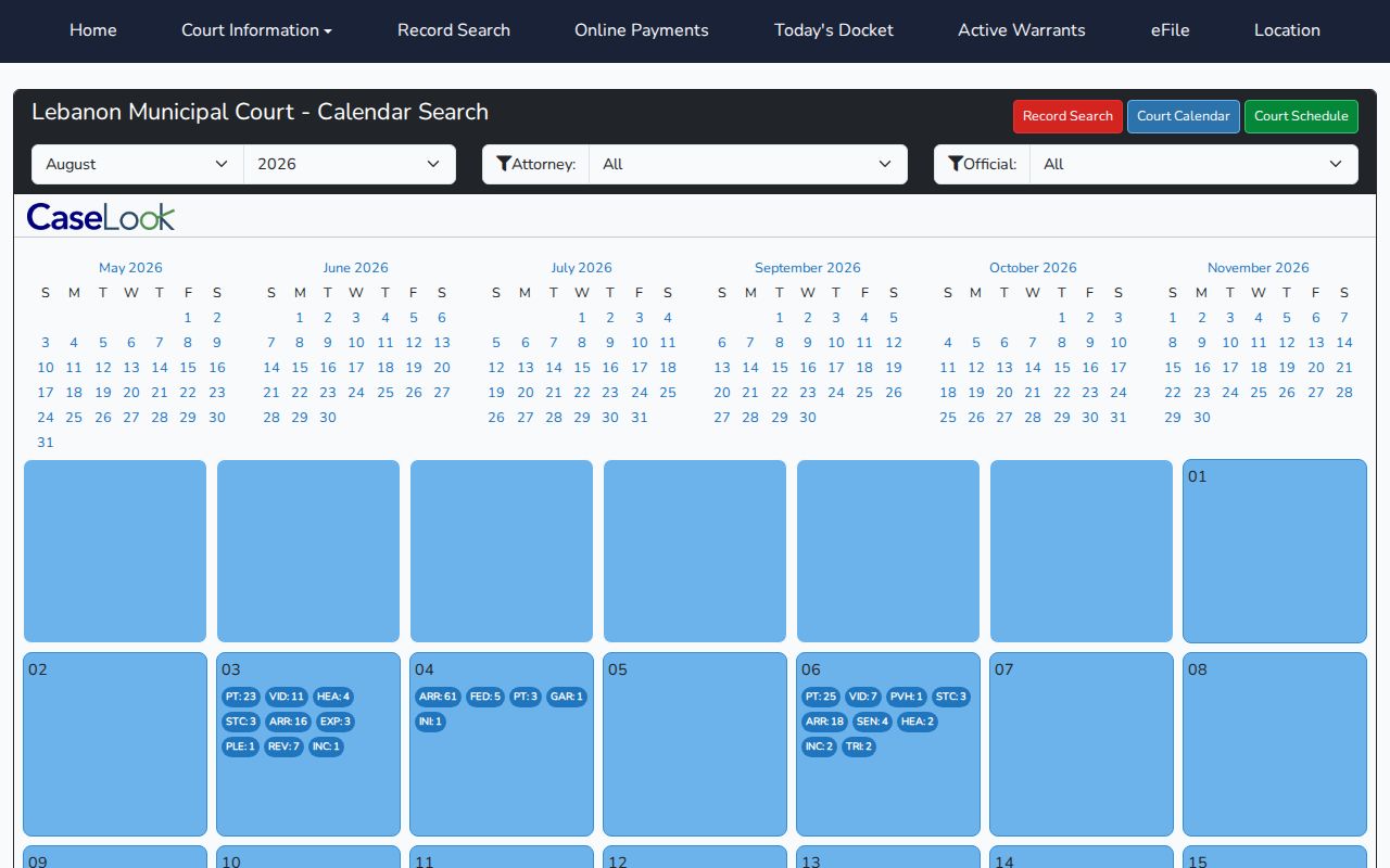 Lebanon court docket hearing calendar filters