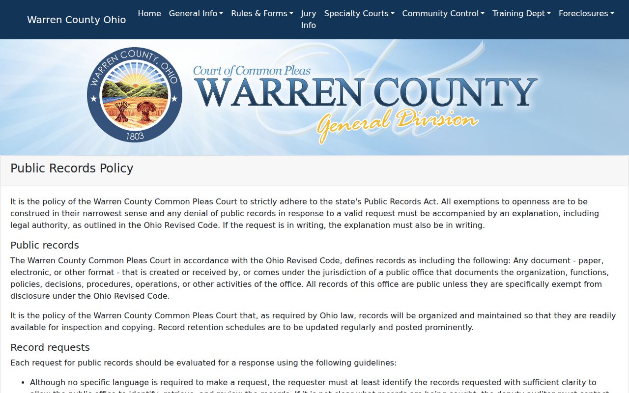 Warren County civil docket Common Pleas public records policy
