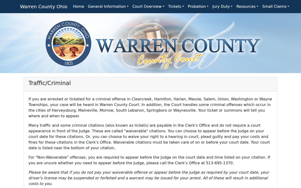 Warren County traffic court records County Court traffic and criminal guidance