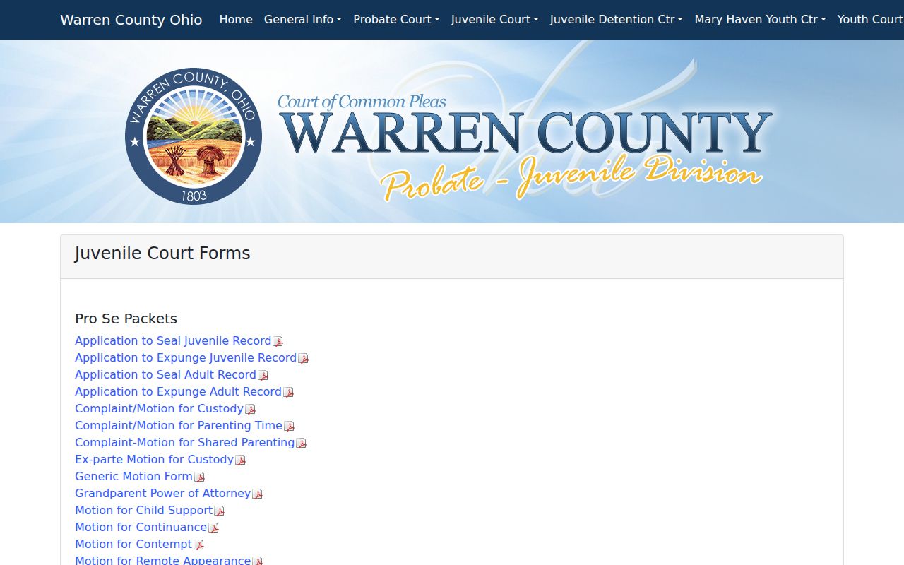 Warren County court records Juvenile Court forms and filing channels